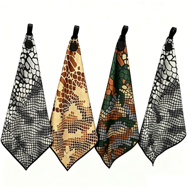Eliteshine MH-C club slit golf towel in four snake-print colourways — black, tan, green, and mixed — hanging from black carabiner clips on white background
