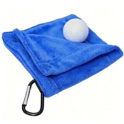 Eliteshine MH-G golf ball towel in blue — 400gsm super microfibre folded with golf ball resting on top and karabiner clip attached at corner on white background