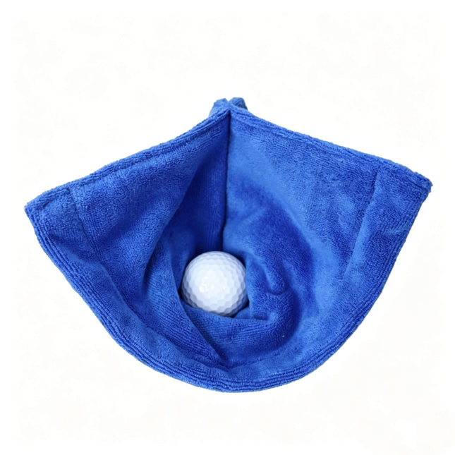 Eliteshine MH-G golf ball towel in blue — opened flat showing fold-wrap cleaning technique with golf ball nestled in centre of 400gsm super microfibre cloth