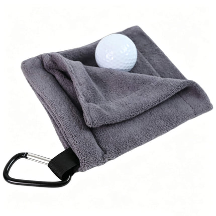 Eliteshine MH-G golf ball towel in grey — 400gsm super microfibre folded with golf ball on top and black karabiner clip attached on white background
