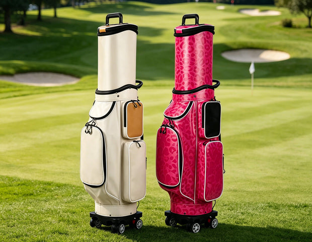 Eliteshine golf travel bag of crystal PU with tan leather accents, swivel wheels and retractable hood, stand on golf green
