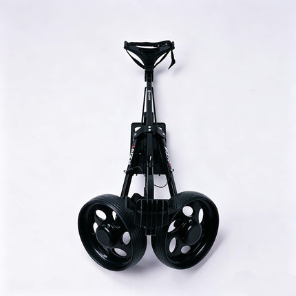 Eliteshine V201 2-wheel golf push trolley folded wheel detail showing durable rubber tyre and iron spoke design