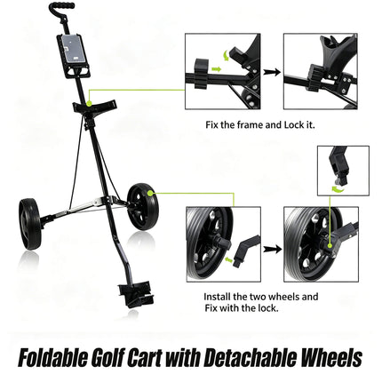 Eliteshine V201 2-wheel golf push trolley folding sequence showing quick cable-assisted fold mechanism