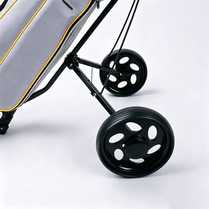Eliteshine V201 2-wheel golf push trolley open wheel detail with rubber tyre and black iron frame