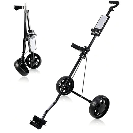 Eliteshine V201 foldable 2-wheel golf push trolley left side view in matte black with EVA handle and scorecard panel