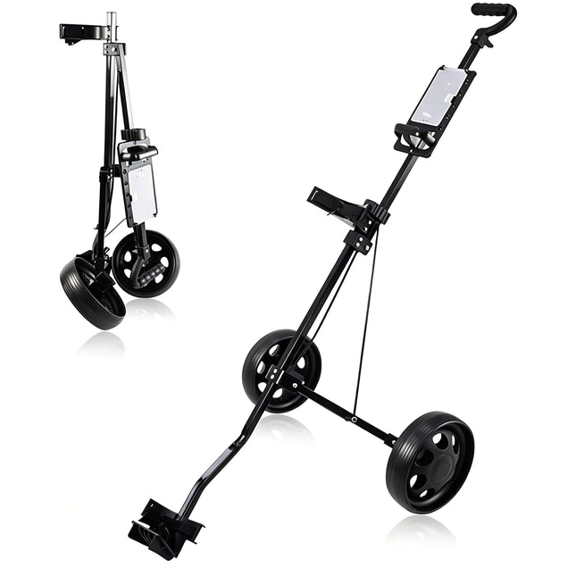 Eliteshine V201 foldable 2-wheel golf push trolley left side view in matte black with EVA handle and scorecard panel