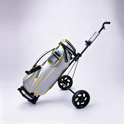 Eliteshine V201 2-wheel golf push trolley in use on course carrying silver and yellow golf bag