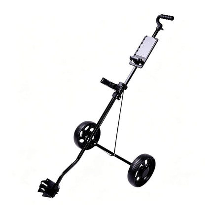 Eliteshine V201 2-wheel golf push trolley main view in matte black iron frame with EVA handle and multi-functional scorecard panel