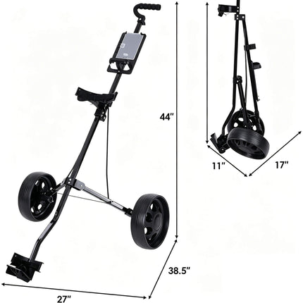 Eliteshine V201 golf push trolley dimensions — 44 inches tall, 27 inches wide, 38.5 inches deep, folds to 17×11 inches