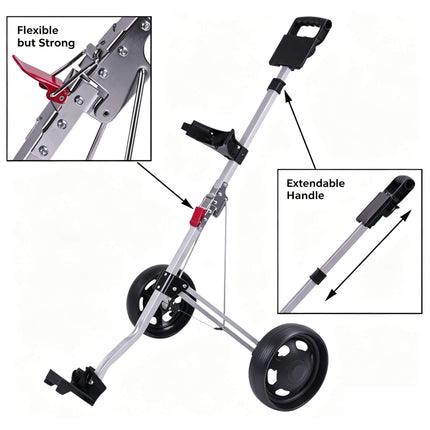 Eliteshine V202 2-wheel golf push trolley frame detail showing lightweight aluminum alloy construction and fold mechanism