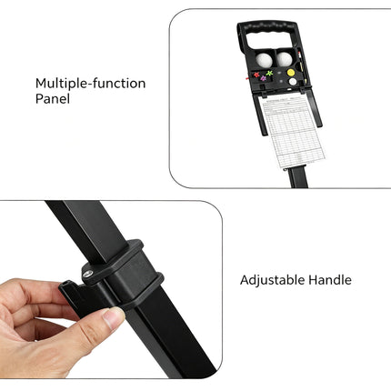 Eliteshine V202 2-wheel golf push trolley handle close-up showing EVA grip and scorecard panel detail