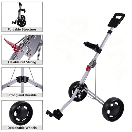 Eliteshine V202 2-wheel golf push trolley structure detail showing cable-assisted fold and aluminum alloy joint construction