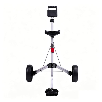 Eliteshine V202 2-wheel golf push trolley front view showing aluminum alloy frame, scorecard panel and spoke rubber wheels