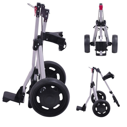 Eliteshine V202 2-wheel golf push trolley lifestyle folded view showing compact storage size of aluminum alloy frame