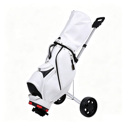 Eliteshine V202 2-wheel golf push trolley lifestyle front-left view with golf bag loaded showing aluminum alloy frame