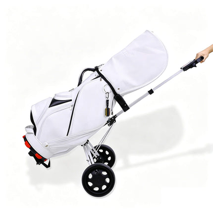 Eliteshine V202 2-wheel golf push trolley lifestyle left view with golf bag loaded showing full aluminum alloy frame