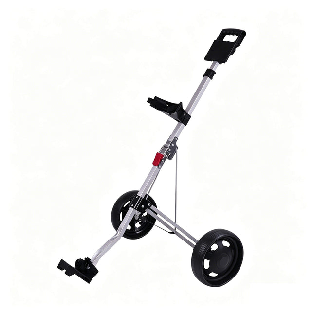 Eliteshine V202 2-wheel golf push trolley main view in silver aluminum alloy frame with EVA handle and scorecard panel