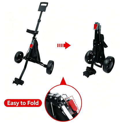 Eliteshine V203 2-wheel golf push trolley fully folded view showing compact storage size with integrated storage bag