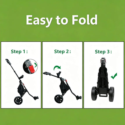 Eliteshine V203 2-wheel golf push trolley folding sequence showing cable-assisted fold mechanism with storage bag