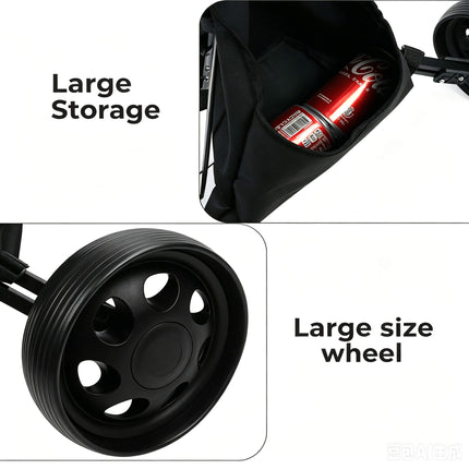 Eliteshine V203 2-wheel golf push trolley large spoke rubber wheel close-up showing durable tyre and black frame