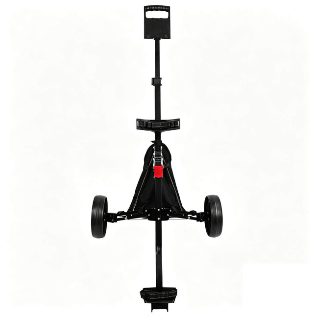 Eliteshine V203 2-wheel golf push trolley front view showing black aluminum alloy frame, scorecard panel and spoke rubber wheels
