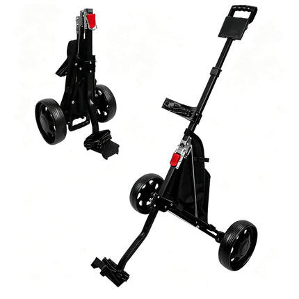 Eliteshine V203 2-wheel golf push trolley left side view showing built-in black mesh storage bag between frame and adjustable bag strap