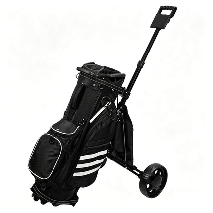 Eliteshine V203 2-wheel golf push trolley left front view showing black aluminum alloy frame, scorecard panel and spoke rubber wheels, with a black golf gag on