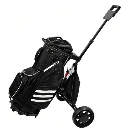 Eliteshine V203 2-wheel golf push trolley left side view showing black aluminum alloy frame, scorecard panel and spoke rubber wheels