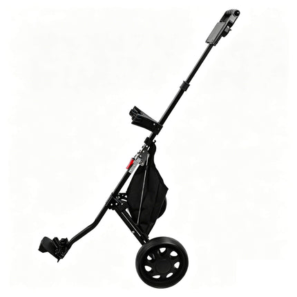 Eliteshine V203 2-wheel golf push trolley main view in matte black aluminum alloy with integrated large storage bag and EVA handle