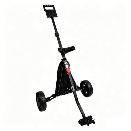 Eliteshine V203 2-wheel golf push trolley right side view showing foot stopper, large spoke rubber wheels and storage bag