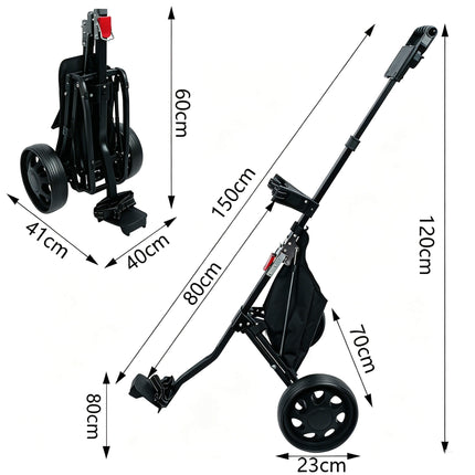 Eliteshine V203 2-wheel golf push cart with folded size 60x41x40cm while unfolded at 120cm high, 70cm wide.