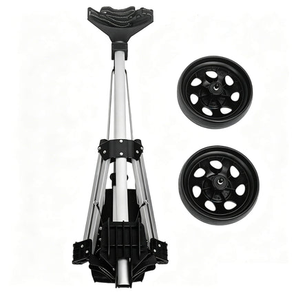 Eliteshine V204 2-wheel golf push pull trolley detail showing spoke rubber tyre and aluminum alloy frame folded flat, two wheels disassembled