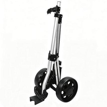 Eliteshine V204 2-wheel golf push pull trolley folded wheel detail showing spoke rubber tyre and aluminum alloy frame folded flat