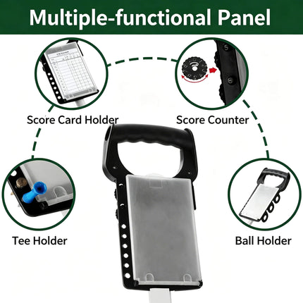 Eliteshine V204 2-wheel golf push pull trolley D-grip handle panel close-up showing flat scorecard holder and ergonomic grip