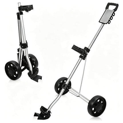 Eliteshine V204 2-wheel golf push pull trolley left-front view showing D-grip handle and silver aluminum alloy frame