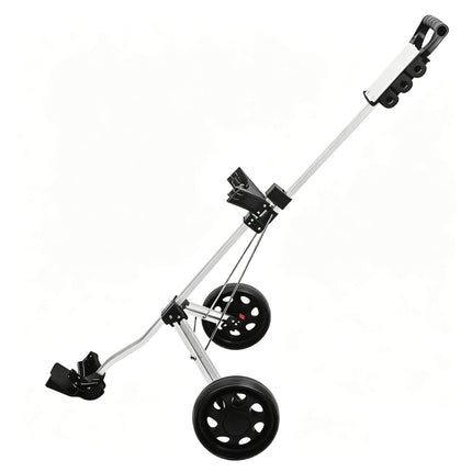 Eliteshine V204 2-wheel golf push pull trolley left side view showing D-grip handle, adjustable bag strap and large spoke wheels