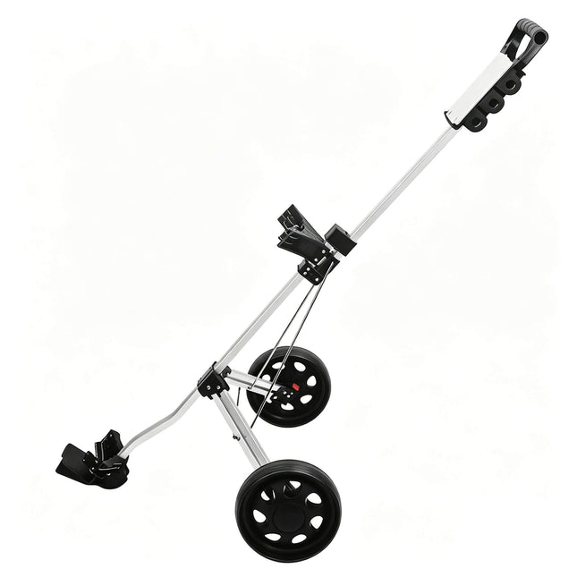 Eliteshine V204 2-wheel golf push pull trolley left side view showing D-grip handle, adjustable bag strap and large spoke wheels