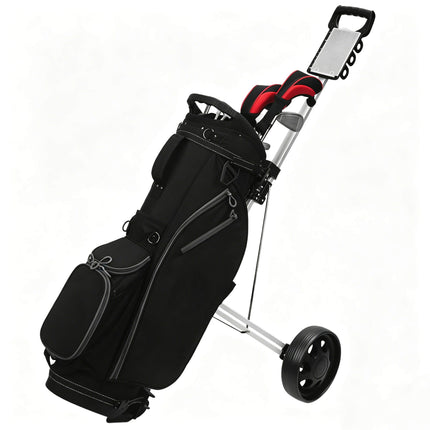 Eliteshine V204 2-wheel golf push pull trolley lifestyle left-front view with golf bag loaded showing D-grip handle and iron frame