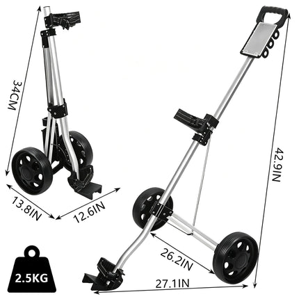 Eliteshine V204 golf push pull trolley dimensions — 42.9 inches tall, 27.1 inches wide, 26.2 inches deep, weight 2.5kg