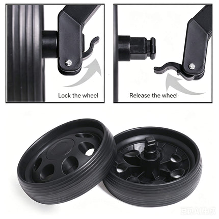 Eliteshine V207 2-wheel golf push trolley foot brake close-up showing brake mechanism on black iron frame