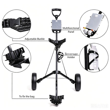 Eliteshine V207 2-wheel golf push trolley function detail showing webbing binder bag holder, adjustable strap and 23cm spoke rubber wheels