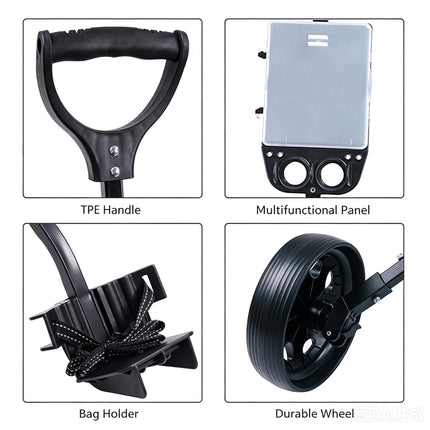 Eliteshine V207 2-wheel golf push trolley structure detail showing iron frame construction and webbing binder bag holder at base