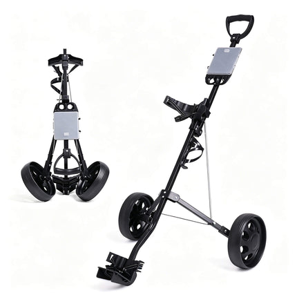 Eliteshine V207 2-wheel golf push trolley left-front view showing TPE D-grip handle, grey scorecard panel and iron frame