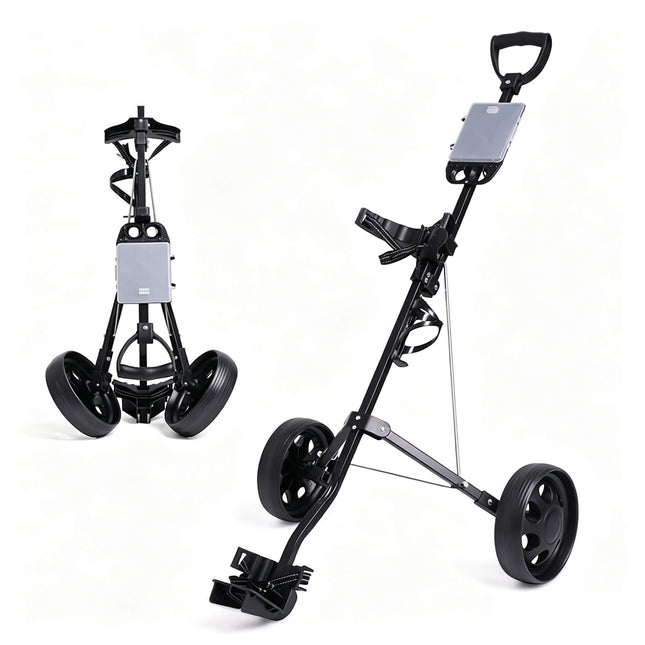 Eliteshine V207 2-wheel golf push trolley left-front view showing TPE D-grip handle, grey scorecard panel and iron frame
