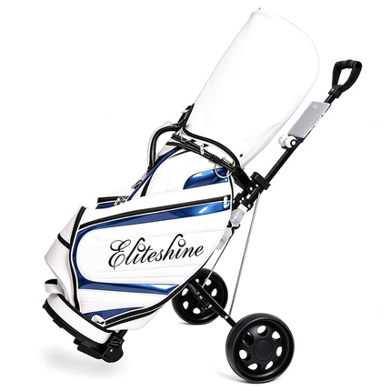 Eliteshine V207 2-wheel golf push trolley lifestyle left view with golf bag loaded showing webbing binder and iron frame