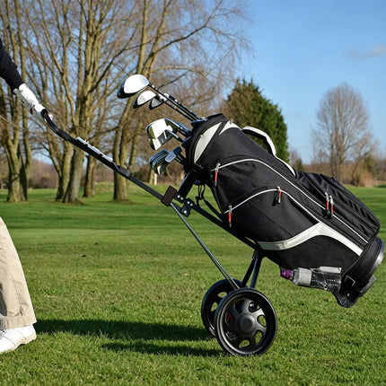 Eliteshine V207 2-wheel golf push trolley lifestyle right view with golf bag loaded showing full iron frame and foot brake