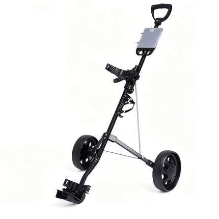 Eliteshine V207 2-wheel golf push trolley main view in matte black iron frame with D-grip TPE handle and grey scorecard panel