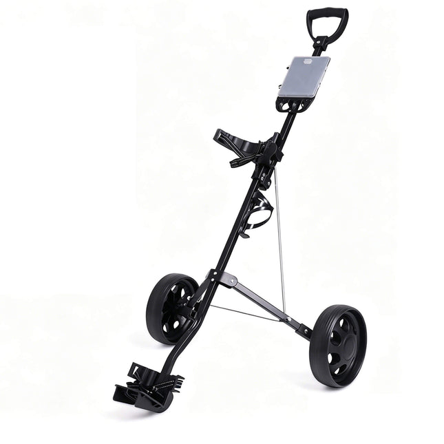 Eliteshine V207 2-wheel golf push trolley main view in matte black iron frame with D-grip TPE handle and grey scorecard panel