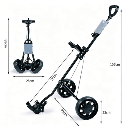 Eliteshine V207 golf push trolley dimensions — 107cm tall, 78cm wide, 65cm deep, folded 88cm tall, 28cm wide