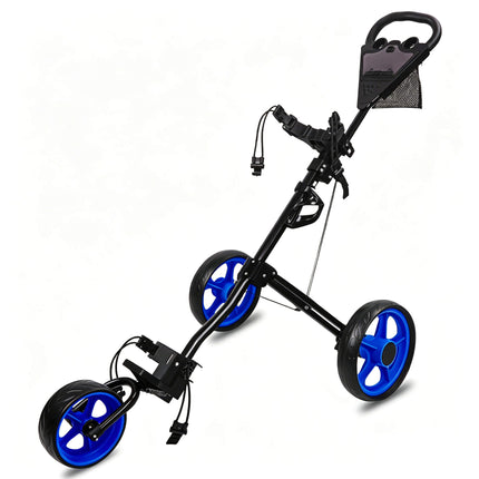 Eliteshine V301 3-wheel golf push trolley black and blue colour variant showing blue enlarged detachable wheels and thickened aluminum alloy frame